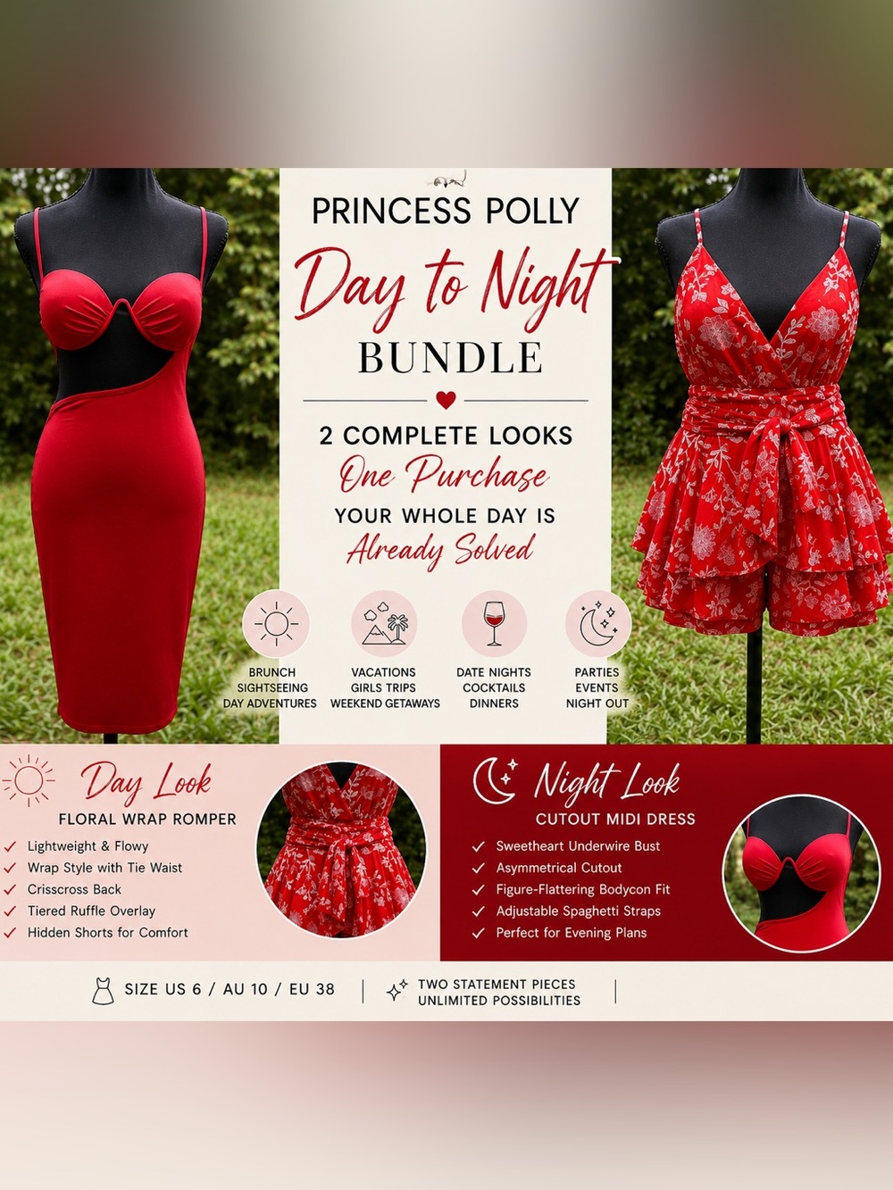 Princess Polly Day to Night Bundle Red Midi Dress & Floral Wrap Romper Coquette